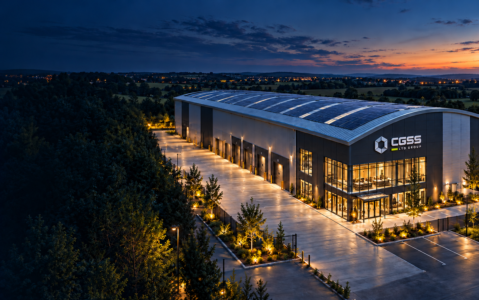Aerial view of the CGSS warehouse at dusk